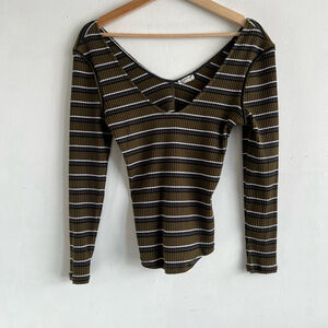 Free People Olive & Black Striped Ribbed Long Sleeve Tee
